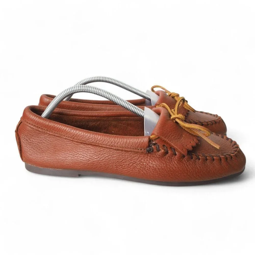 Minnetonka Deerskin Kilty Moc Toe Slip-on Loafers Carmel Brown 232116 Women's 10